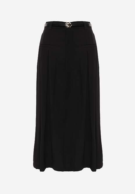 Czarna Rozkloszowana Spódnica z Wiskozy Zdobiona Plisami i Paskiem Durklea 6