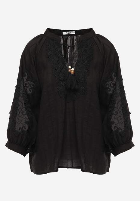 Czarna Wiązana Bluzka w Stylu Boho z Tencelu z Koralikami i Koronką Helotis 6