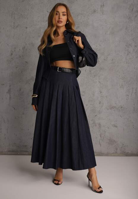 Granatowy Komplet z Bawełniano-Wiskozowej Imitacji Jeansu z Koszulą i Spódnicą z Paskiem Andaig 4