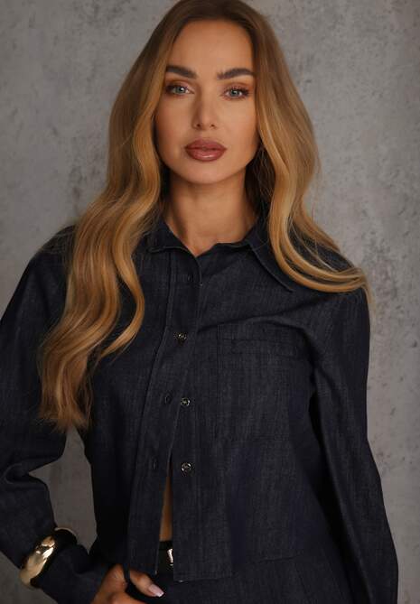 Granatowy Komplet z Bawełniano-Wiskozowej Imitacji Jeansu z Koszulą i Spódnicą z Paskiem Andaig 5