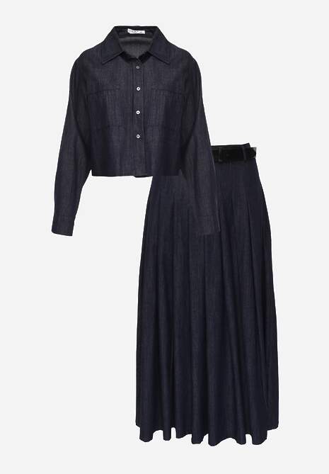 Granatowy Komplet z Bawełniano-Wiskozowej Imitacji Jeansu z Koszulą i Spódnicą z Paskiem Andaig 6