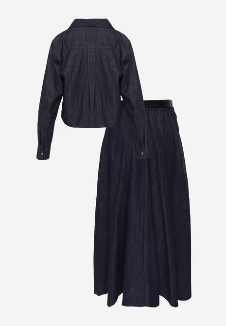 Granatowy Komplet z Bawełniano-Wiskozowej Imitacji Jeansu z Koszulą i Spódnicą z Paskiem Andaig 7