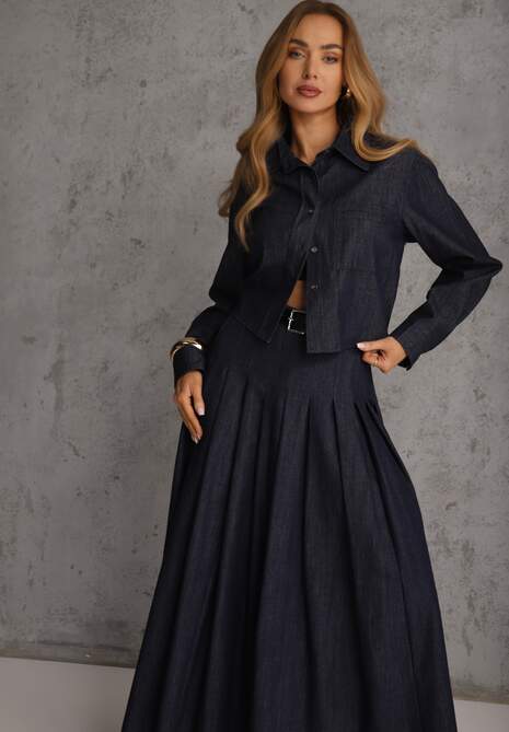 Granatowy Komplet z Bawełniano-Wiskozowej Imitacji Jeansu z Koszulą i Spódnicą z Paskiem Andaig