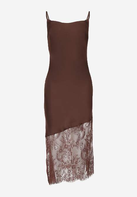 Brązowa Satynowa Sukienka o Asymetrycznym Kroju z Koronkowym Dołem Mellea 6