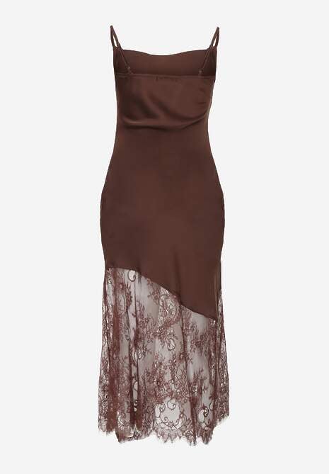 Brązowa Satynowa Sukienka o Asymetrycznym Kroju z Koronkowym Dołem Mellea 7