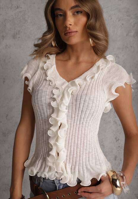 Biała Bluzka z Wiskozą w Prążki z Falbanami Eunione 4