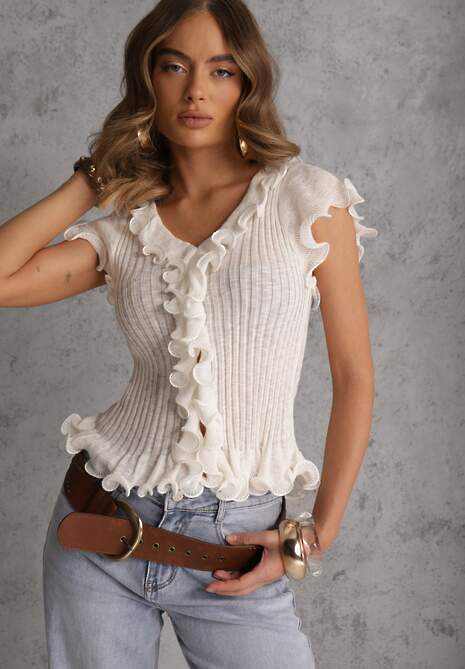 Biała Bluzka z Wiskozą w Prążki z Falbanami Eunione 5