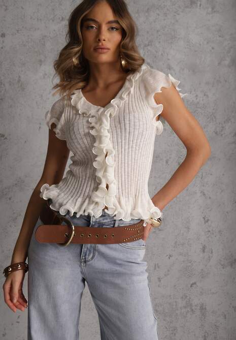 Biała Bluzka z Wiskozą w Prążki z Falbanami Eunione