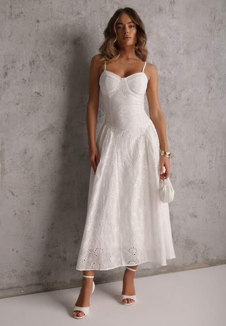 Biała Bawełniana Sukienka Ażurowa o Rozkloszowanym Fasonie na Ramiączkach Samesi 4