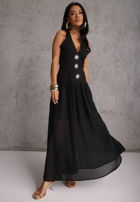 Czarna Sukienka z Dekoltem Halter i Ozodbymi Guzikami z Przodu Nesia 4