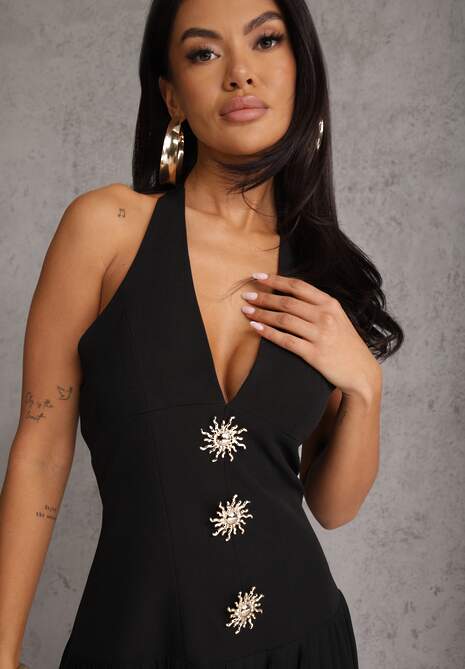 Czarna Sukienka z Dekoltem Halter i Ozodbymi Guzikami z Przodu Nesia 5