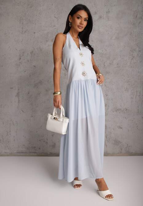 Niebieska Sukienka z Dekoltem Halter i Ozodbymi Guzikami z Przodu Nesia 4