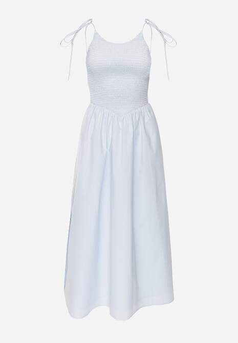 Niebieska Rozkloszowana Sukienka z Bawełny z Gumkami w Biuście i Ramiączkami na Wiązanie Omphoreia 6