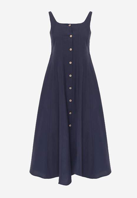 Granatowa Sukienka Rozkloszowana z Wiskozą i Bawełną Ozdobiona Guzikami Nikippe 6
