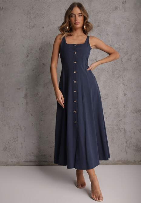 Granatowa Sukienka Rozkloszowana z Wiskozą i Bawełną Ozdobiona Guzikami Nikippe