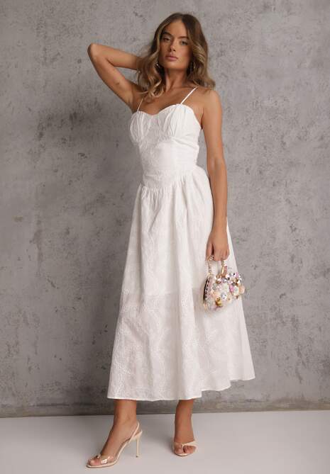 Biała Rozkloszowana Sukienka z Bawełny na Ramiączka Zdobiona Haftem Adozaphaura 4