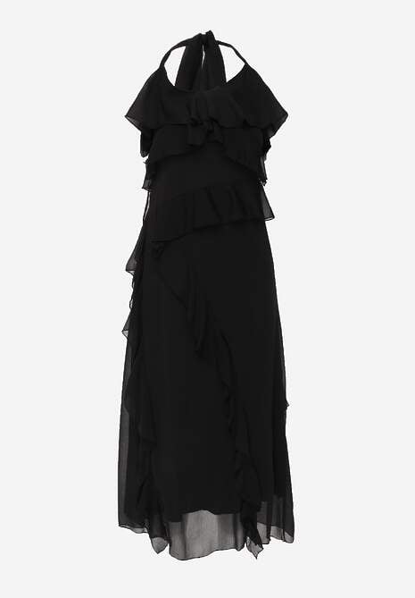 Czarna Elegancka Sukienka z Taliowaniem Wiązana na Plecach z Falbankami Ocyparia 6