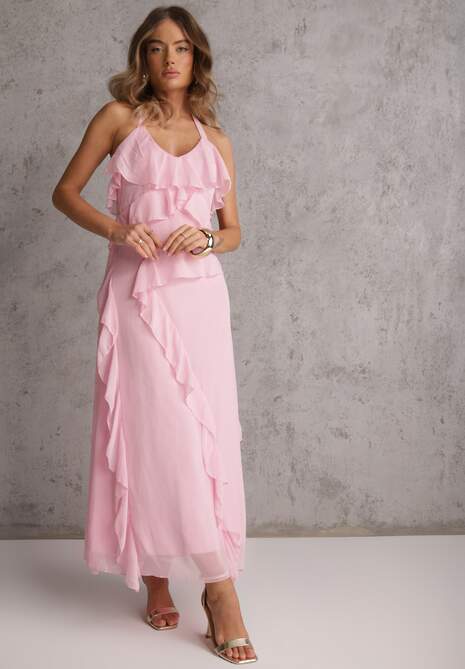 Różowa Elegancka Sukienka z Taliowaniem Wiązana na Plecach z Falbankami Ocyparia 4