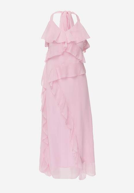 Różowa Elegancka Sukienka z Taliowaniem Wiązana na Plecach z Falbankami Ocyparia 6