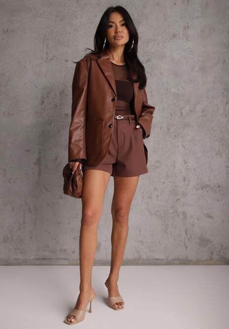 Brązowe Szorty High Waist w Eleganckim Stylu z Cienkim Paskiem ze Sprzączką Rissarie