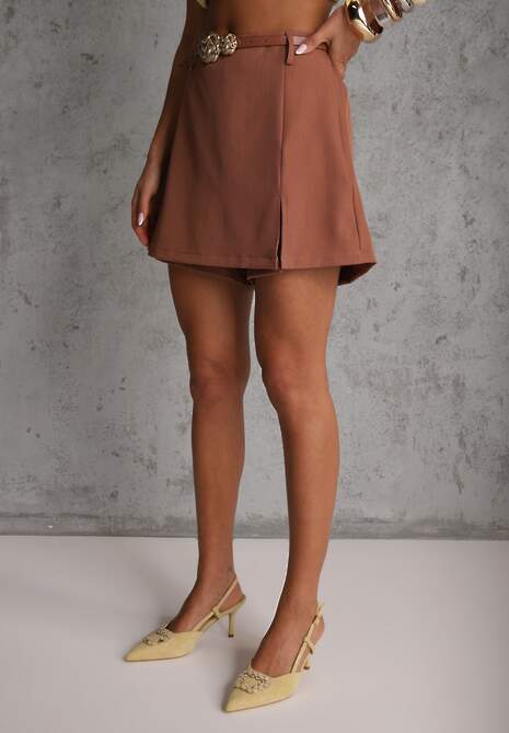Brązowe Spódnico-Szorty High Waist Ozdobione Metaliczną Aplikacją i Paskiem Retness 4