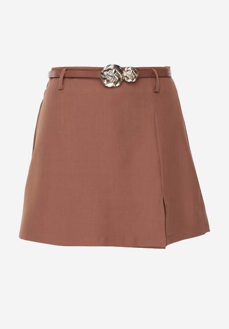 Brązowe Spódnico-Szorty High Waist Ozdobione Metaliczną Aplikacją i Paskiem Retness 6