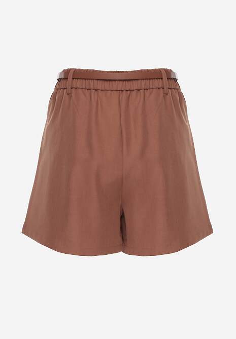 Brązowe Spódnico-Szorty High Waist Ozdobione Metaliczną Aplikacją i Paskiem Retness 7
