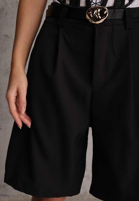Czarne Szorty Bermudy Eleganckie z Paskiem High Waist Rhodissa 5