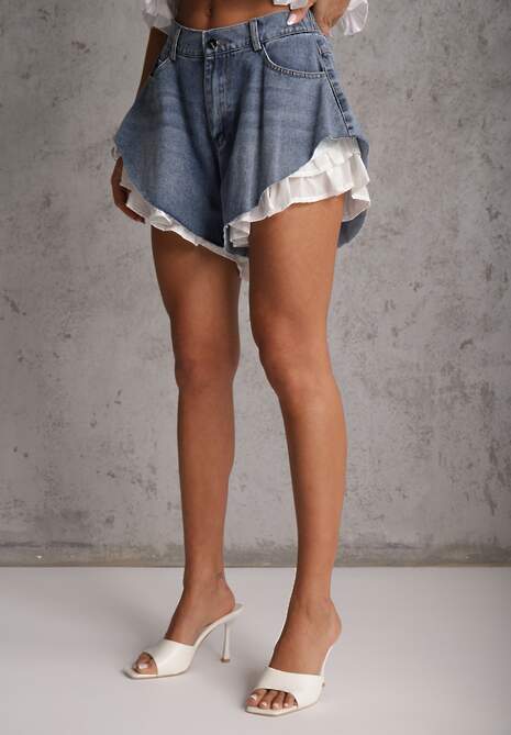 Niebieskie Jeansowe Szorty z Bawełny Ozdobione Falbanami Kassyllis 4