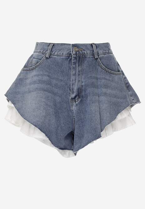 Niebieskie Jeansowe Szorty z Bawełny Ozdobione Falbanami Kassyllis 6