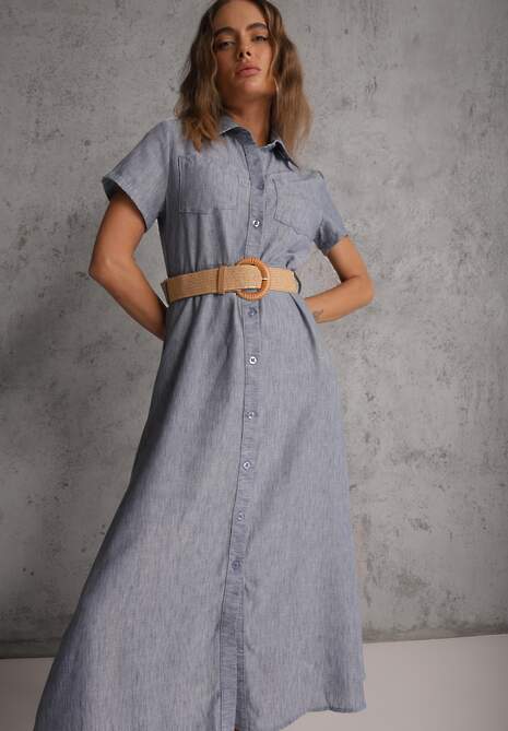 Niebieska Sukienka o Koszulowym Fasonie z Krótkim Rękawem i Paskiem z Klamrą  Sylphusi 4