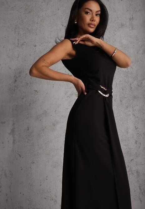 Czarna Dopasowana Sukienka Elegancka z Aplikacją w Talii Corope 4