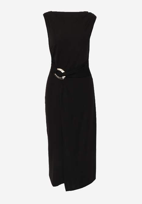 Czarna Dopasowana Sukienka Elegancka z Aplikacją w Talii Corope 6