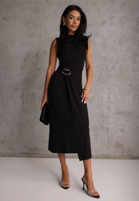 Czarna Dopasowana Sukienka Elegancka z Aplikacją w Talii Corope