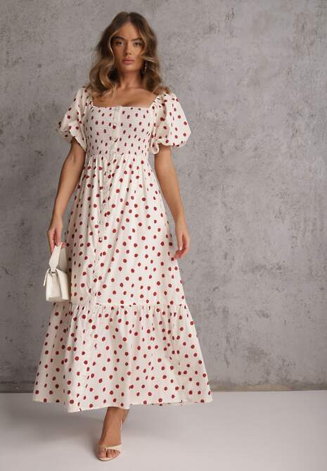 Beżowa Rozkloszowana Sukienka w Kropki z Bawełny z Bufiastymi Rękawami Aninele 4