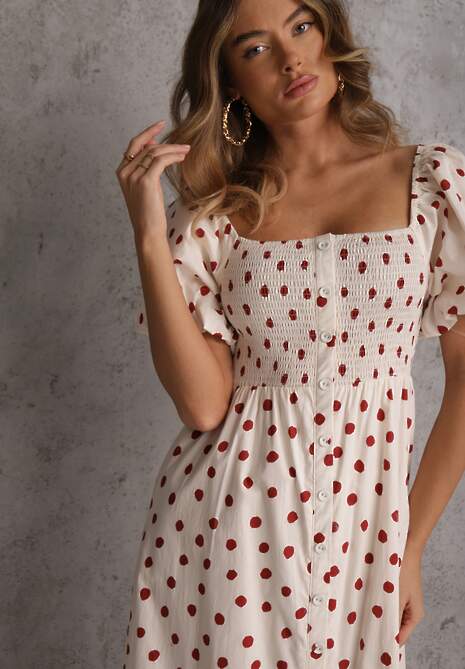 Beżowa Rozkloszowana Sukienka w Kropki z Bawełny z Bufiastymi Rękawami Aninele 5