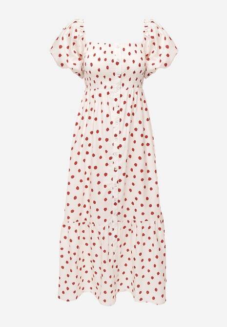 Beżowa Rozkloszowana Sukienka w Kropki z Bawełny z Bufiastymi Rękawami Aninele 6