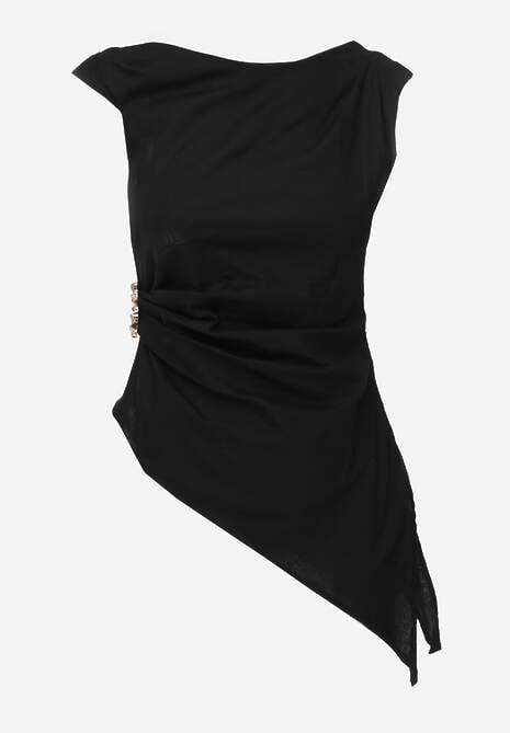 Czarna Marszczona Asymetryczna Bluzka z Bawełny z Ozdobą 3D Thellike 6