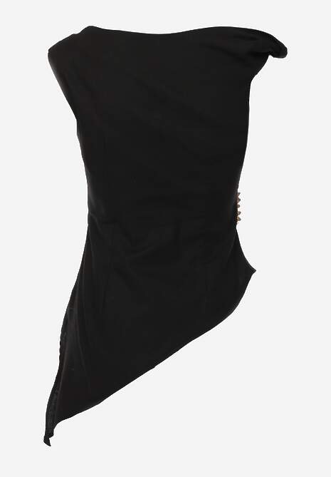 Czarna Marszczona Asymetryczna Bluzka z Bawełny z Ozdobą 3D Thellike 7