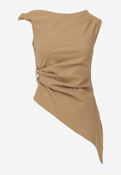 Beżowa Marszczona Asymetryczna Bluzka z Bawełny z Ozdobą 3D Thellike 6