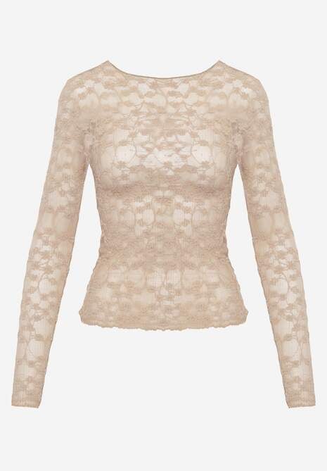 Beżowa Bluzka Longsleeve z Półtransparentnej Koronki Arnoxia 6