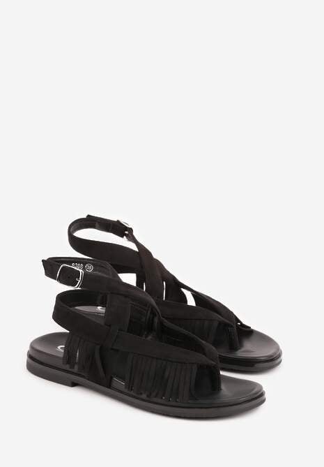 Czarne Sandały Typu Rzymianki Ozdobione Frędzlami Casasos 5