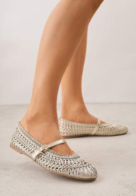 Złote Balerinki w Stylu Mary Jane z Szydełkową Cholewką Syroelle