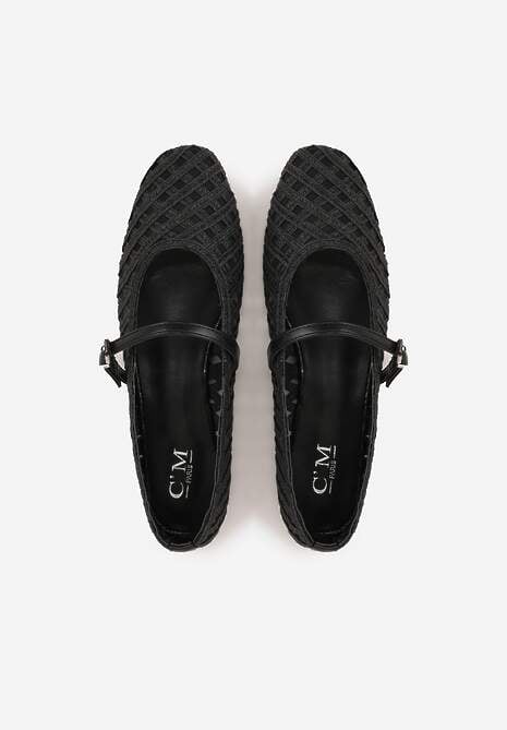 Czarne Balerinki z Ażurowym Wzorem i Paskiem Astethera 6