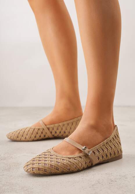 Beżowe Balerinki z Ażurowym Wzorem i Paskiem Astethera