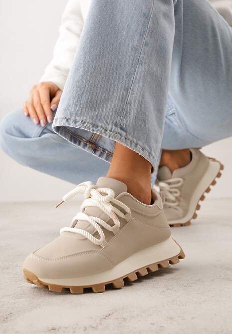 Beżowe Sneakersy na Platformie Ozdobionej Tłoczeniem Zerla