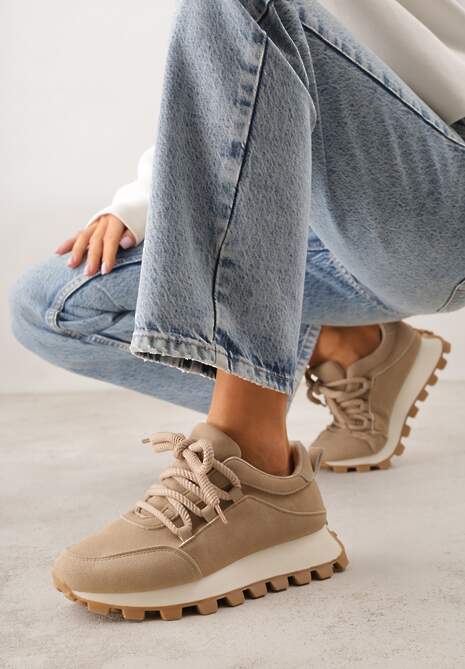Ciemnobeżowe Sneakersy na Platformie Ozdobionej Tłoczeniem Zerla