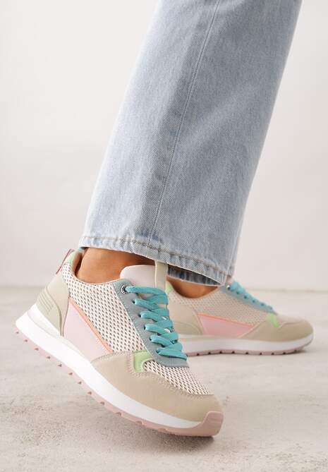 Beżowe Sneakersy z Siateczką i Modnymi Wstawkami Corona