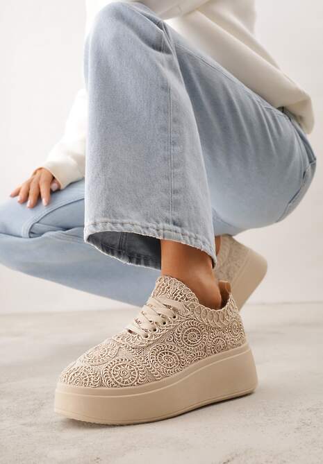 Beżowe Sneakersy Boho na Platformie Zdobione Plecionym Wzorem Abilama