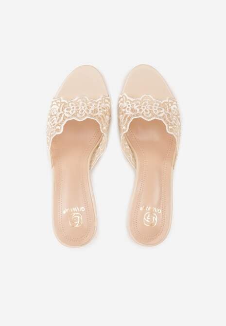Beżowe Klapki na Metalicznej Szpilce z Koronką Theiseusa 6